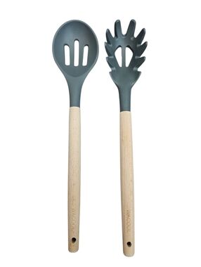 Wacool Charcoal Gray Silicone Slotted Spoon & Spaghetti Server Wooden Handles